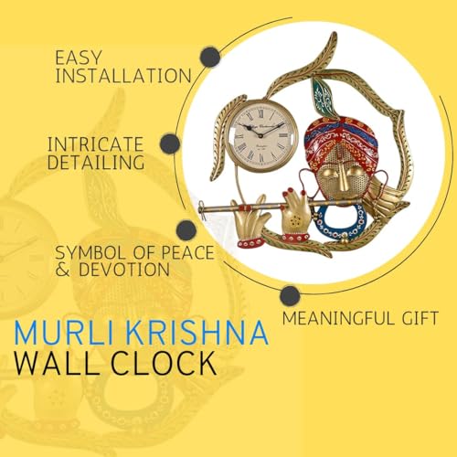 Image of Handcrafted Metal Krishna Wall Clock for Home Decor | Lord Krishna Design Spiritual Wall Art for Living Room, Bedroom, Temple & Office | Elegant Religious Gift Item (Multicolour, Iron Art)