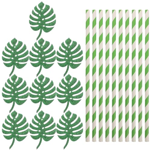 10 pitillos de papel verde monstera para fiesta miniatura 1