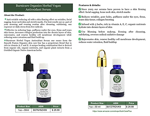 Burnicare Organics Herbal Vegan Antioxidant Serum, 1 Ounce, 14 Non Gmo Organic Ingredient, Natural Moisturizer, Anti Aging, Skin Firming Facial Serum, Eye Bags, Puffiness, Dark Circles, Neck, Face Oil #TOP2