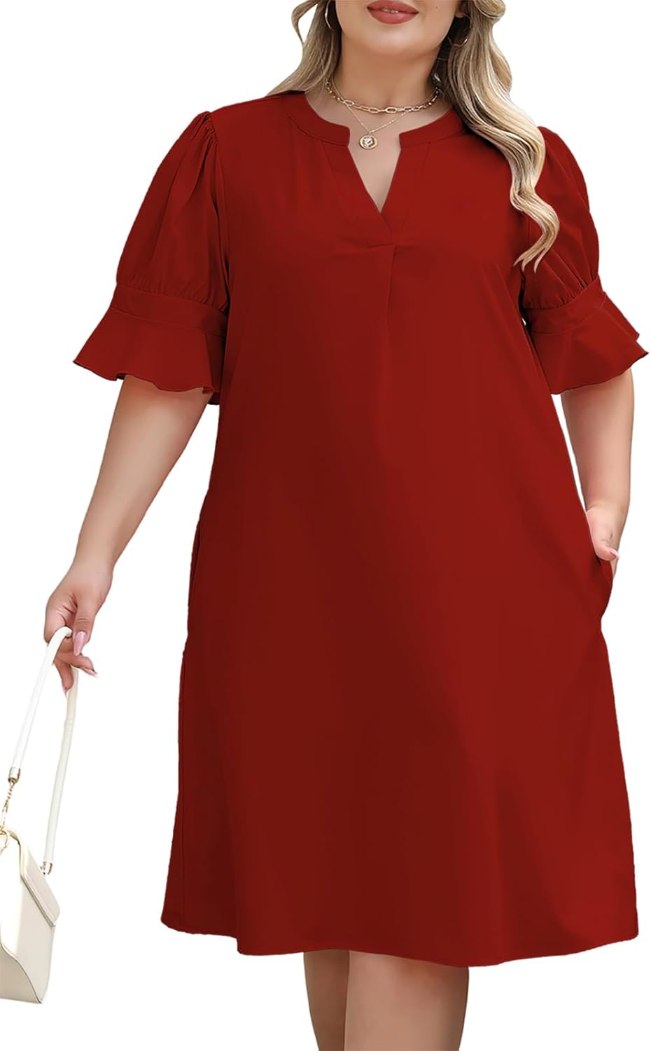 Celkuser Plus Size Summer Casual Shift Dress for Curvy Women V Neck Ruffled Sleeves Loose Shirt Dresses with Pockets 2025