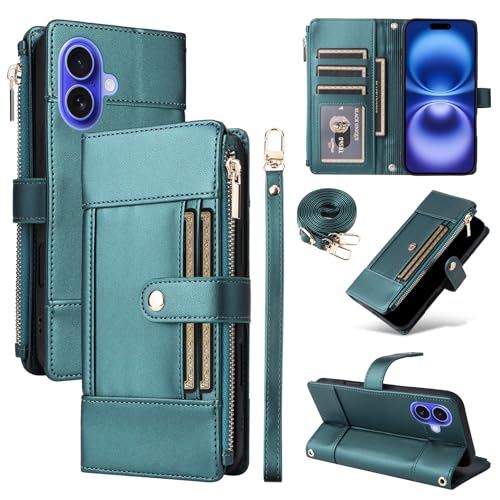 Housse cuir iPhone 16 Pro Max bleu avec fentes cartes et zip