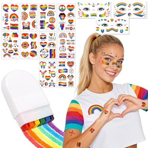 Pride Rainbow Face Paint Kit 100 Pcs Face and Body Pride Temporary Tattoos Pride Month Accessories Face Body Paint for Gay LGBTQ Pride Parade Pride Month Celebrations Party and Celebrations