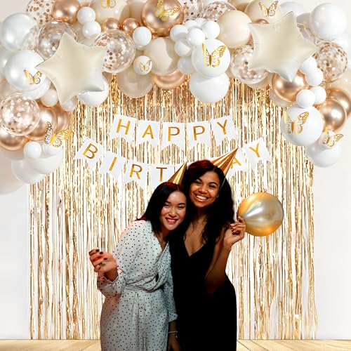 Image of Party Propz Golden and White Birthday Decoration Kit - 59 Pcs,Chrome & Confetti Balloons for Decor,Butterfly Birthday Theme Decoration, Banner, Fringe Curtains, Star Foil Balloon, 3D Butterfly Accent