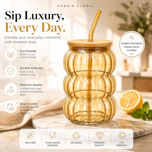 Image of Glass Tumblers with Wooden Lid and Glass Straw, 600ml, Borosilicate Glass, for Coffee, Iced Coffee, Juice and Smoothies, Coffee Mug, Sipper (Golden - Pumpkin Shape)