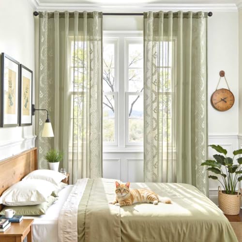 Image of jinchan Floral Sheer Curtains, Back Tab 50x63 Inch, 2 Panels Green