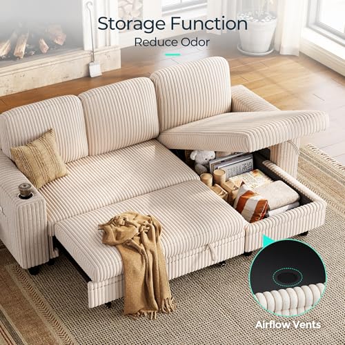 Image of LINSY HOME Modular Sectional Couch with Pull Out Bed, 81 inch L Shape(3 Seats) Sofa with Storage Chaise, Corduroy Convertible Sofa Bed, USB, Cup Holders, Side Pocket, Sleeper Sofa for Living Room, Beige