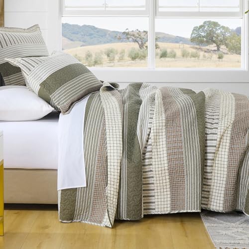 Image of PANGUSHAN 100% Cotton Quilt Set Queen Size, Patchwork Queen Quilt Bedding Set Bedspreads, Farmhouse Lightweight Comforter Reversible Quilt, Queen Bed Spread for All Season, Green /Brown /Cream