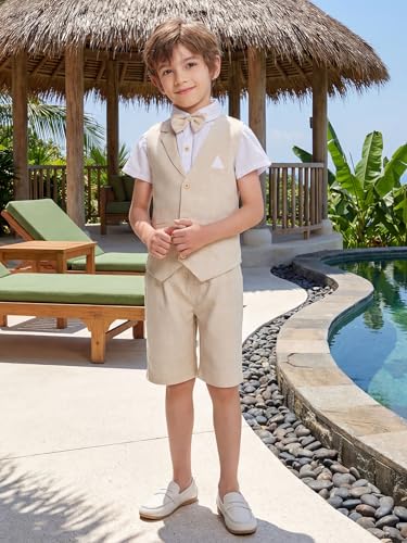 Image of Summer Boys Suit Dress Clothes Kids Wedding Ring Bearer Outfit 4Pcs Shirt Vest Shorts Set
