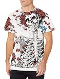 Liquid Blue unisex adult Original Woodcut Skeleton and Roses All Over Print T-shirt T Shirt, White,...