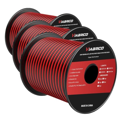 Image of VIABRICO 12Gauge 100FT Electrical Wire Cable 2 Conductors Red Black Cable Hookup LED Lighting Strips Flexible Extension Cord 12AWG Copper Clad Aluminum 12V /24V DC 30.5M (Pack of 3)