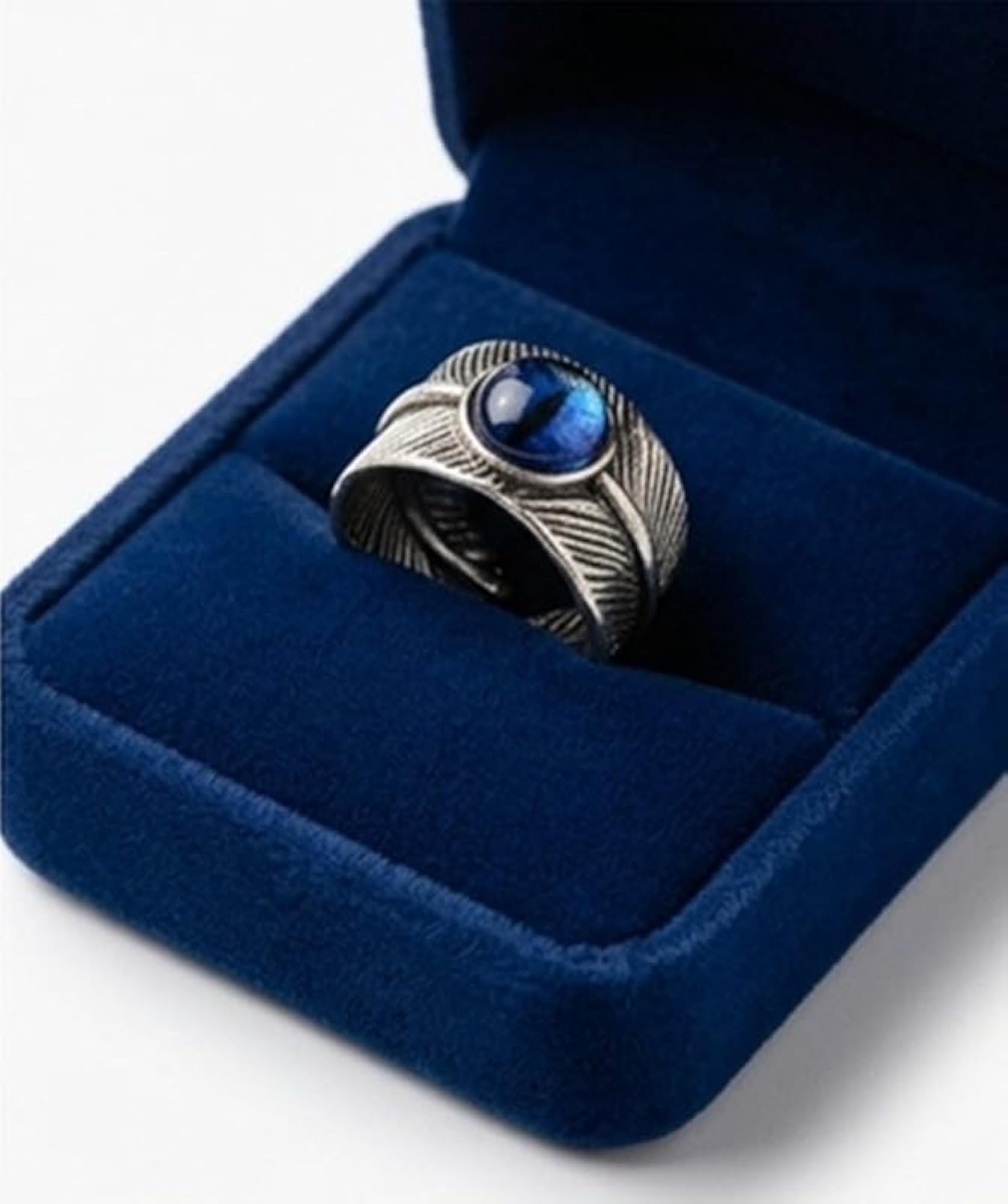 Adjustable Stainless Steel Feather Ring with Blue Stone