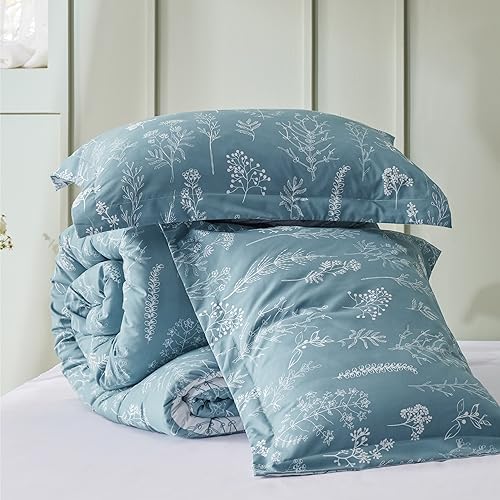 Image of Bedsure Oversized Queen Comforter Set - Mineral Blue Bed Set, 3 Pieces Cute Floral Bedding, 1 Soft Reversible Botanical Flowers Comforter and 2 Pillow Shams