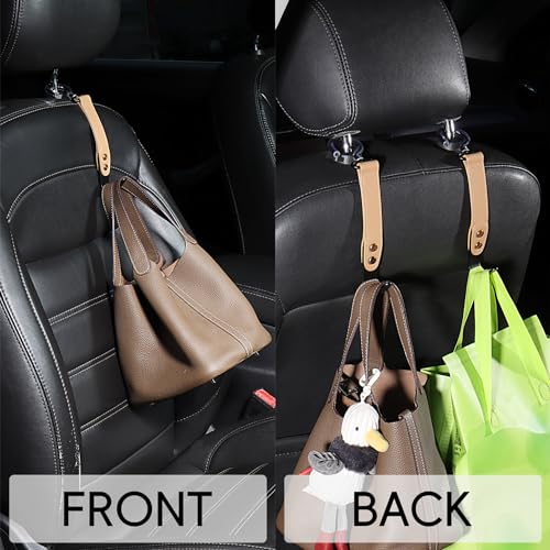 Image of 2-Pack Car Hook Holder - Leather Headrest Hooks for Purses & Bags, SUS304 (Light Brown)