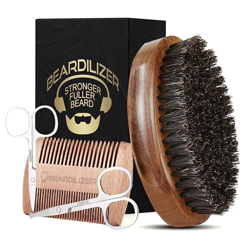 Beardilizer Beard Brush Kit, 100% Pure Boar Bristle Brush, Luxury Wood Comb & 2 Mustache Scissors, Professional Grooming & Care, Beard Accessories for Men