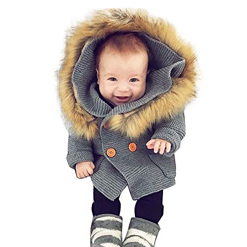 Image of Infant Baby Boys Girls Knitted Cardigan Coat Fall Winter Clothes 0-2 Years Old,Toddler Fur Collar Hooded Warm Top