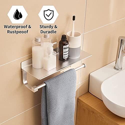 Joom Paper Towel Holder Wall for Kitchen 13 Inch, Bathroom Tissue Roll Hanger with Mobile Phone Storage Shelf,Space Aluminum, Self Adhesive with Glue or Wall Mount with Screws (Silver)