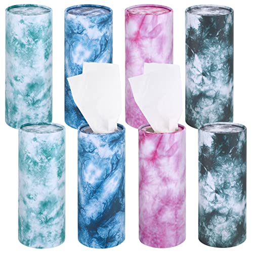 Cunhill 8 Pack Car Tissue Holder with Facial Tissue Bulk Cylinder Car Tissues Round Tissue Boxes for Car Travel Tissues Fit for Car Cup Holder Car Tissues Box Round Container (Tie Dye Style)