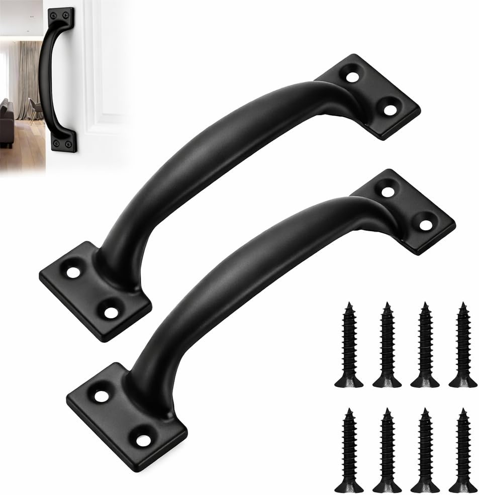 Set of 2 Black Gate Handles 92 mm, Door Handle for Wooden Fence, Shed, Cupboard and Furniture with 8 Screws, Interior and Exterior Pull Handle