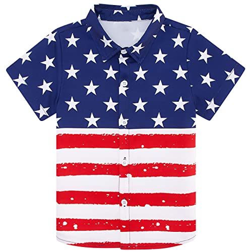 Raisevern Boys American Flag Button Down Shirt Patriotic Star Short Sleeve Luau Tops For Beach Summer (7-8 Years) #TOP21
