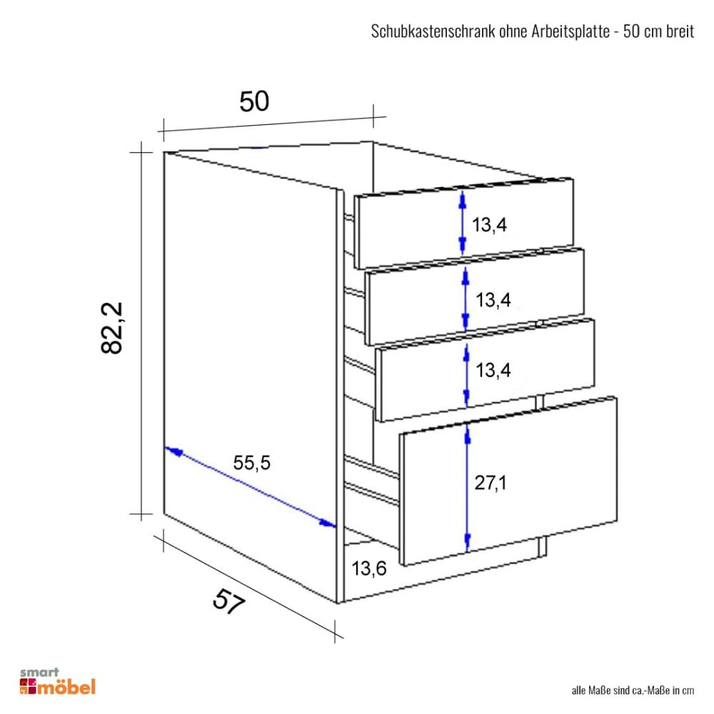 Küchenunterschrank 50 cm Buche – Schubkastenschrank ohne Arbeitsplatte – 3 Schubkästen & 1 Auszug – Küchen Schrank Buche Dekor – Unterschrank für Küche – Namu
