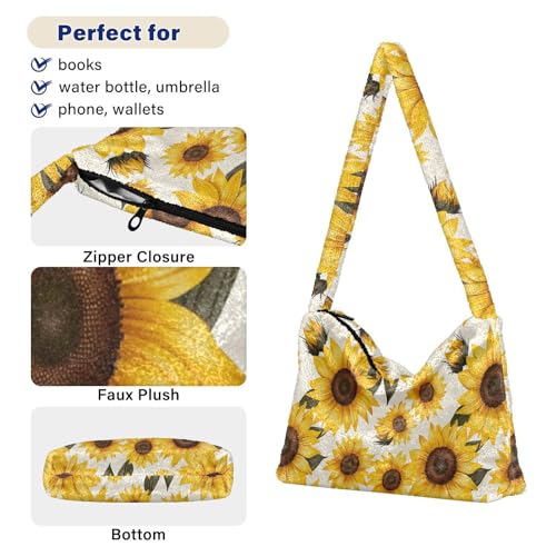 Sunflowers S tyle Fluffy Furry Tote Bag Plush Underarm Bag Women Ladies Shoulder Handbag Purse for Autumn and Winter4