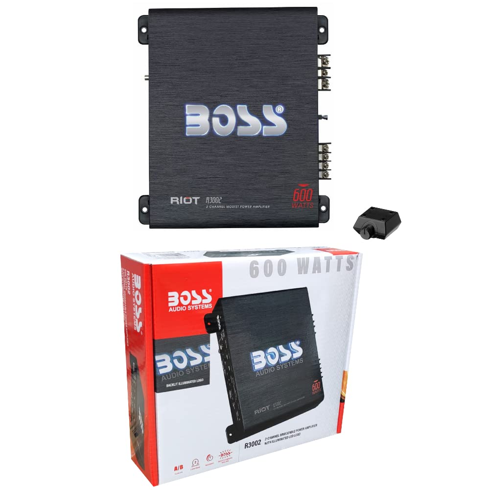 KIT SET PER BOSS AUDIO SYSTEMS RIOT R3002, 1 amplificatore stereofonico 2 canali 600 watt max, classe a/b, con bass boost e remote per subwoofer incluso, 1 pezzo