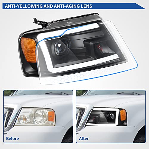 Image of OEDRO LED DRL Headlight Assembly for 2004-2008 Ford F150 Headlamp Replacement w /Daytime Running Light Black Housing Amber Reflector Clear Lens Pair Set