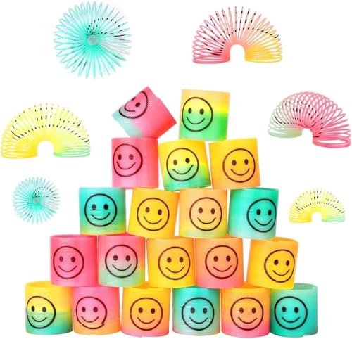 ASPIRE UK Rainbow Springs 24 Small Mini Slinky Smiley Face Rainbow Springs Fidget Party Bag Filler Gifts for Kids - Pinata Party Favour, Bulk Party Toys for Boys, Girls & Kids Party Supplies
