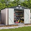 Aoxun 8x10 FT Shed Outdoor Storage Shed with Base, Large Shed Steel Utility Tool Shed Storage House with Door & Lock, Metal Sheds with Sloped Roof for Garden Patio Lawn Poolside, Brown