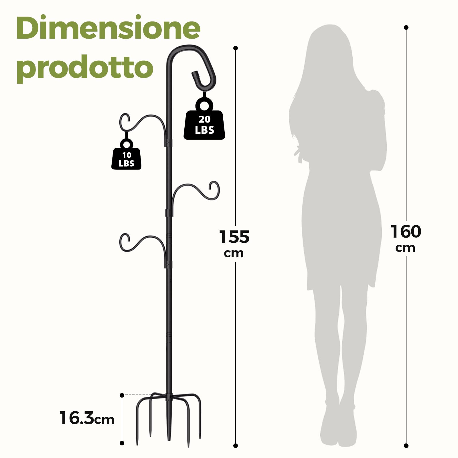 Bamworld Gancio da Pastore da Esterno 120cm per Piante Sospese - Supporto Giardino con 4 Ganci Regolabili