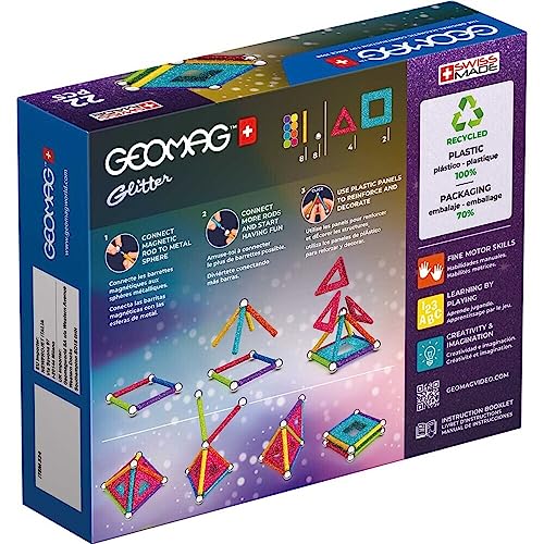 Geomag - Glitter - 22 Pièces - Constructions Magnétiques à Paillettes pour Enfants Dès 3 Ans - Blocs Magnétiques avec 8 Bâtonnets, 8 Boules, 6 Plaques - 100% Plastique Recyclé - Fabrication Suisse