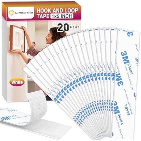 1 x 5 Inch Hook and Loop Tape 20 Pairs, Super Strong Sticky Back Fastener, Heavy Duty Double-Sided Adhesive Strip, Heavy Duty Hanging Strips Fastener for Home Office School Car and DIY Crafting White Cover