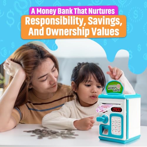 Image of Piggy Bank Toy for Kids and Adults - Gullak Money Safe with Number Password and Touch Sensor - Money Saving Mini ATM Toy with Lights and Sound (Blue-White)