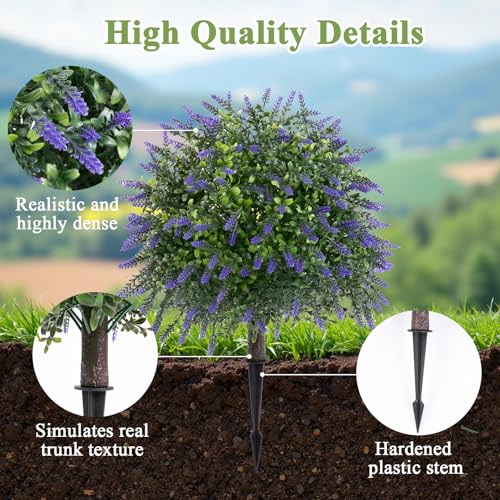 Topotdor 23.6\" Lavender Topiary Trees Artificial Outdoor Faux Plants, 2 Pack Boxwood Ball Tree UV Resistant Fake Shrubs Bushes with Spike for Indoor Outside Front Porch Home Garden Decor - Thumbnail 3