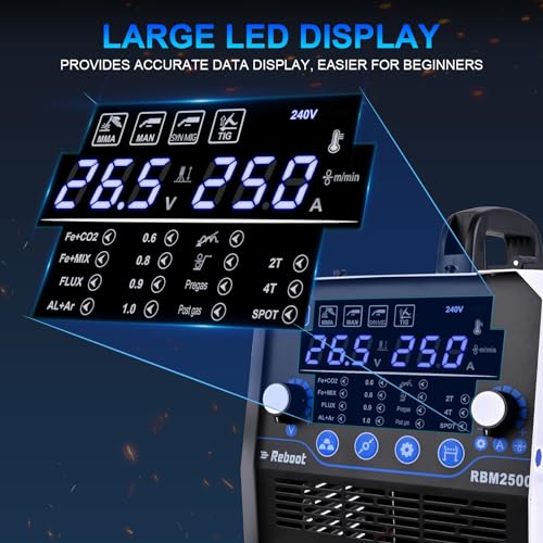 Reboot RBM2500 Mig Welder, 250Amp 6 In 1 Gas/Gasless Flux Core Mig/Stick/Lift Tig/Spot Welding/Spool Gun 120V/240V Aluminum Multi Process Welding Machine Large Led Digital Display thumb #1