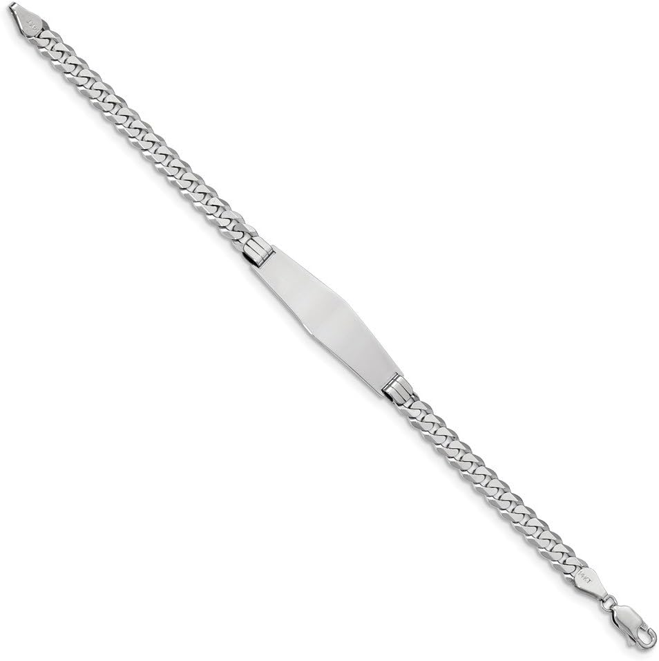 Solid 14k White Gold Flat Curb Cuban Link Soft Diamond-Shape ID Bracelet Engravable Identification Name Bar Tag - with Secure Lobster Lock Clasp 7" (Width = 10mm)