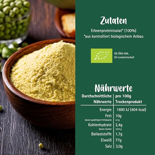 Bio Erbsenprotein 1kg - Veganes Proteinpulver ohne Süßstoff mit 77% Eiweiß | Pflanzliches Eiweißpulver für Shakes, Smoothies, Porridge & Backen | Geschmacksneutral, laktosefrei, glutenfrei & sojafrei