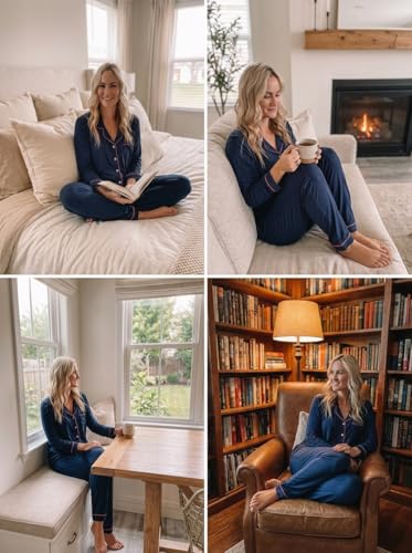 Image of Pjmlifecoco Pajamas Set Long Sleeve Womens Button Down Sleepwear Two Piece Nightwear Soft Pj Lounge Sets S-XXL