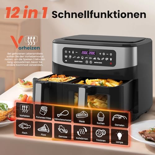 Gidgimo Heissluftfritteuse Doppelkammer, Max 230°C 10L xxl Air Fryer, 12-in-1 Programme Heißluftfritteuse 2 Kammern mit Touchscreen, Smart&Match Funktion, Gesunde Friteuse ohne Öl&fettarmes Kochen – Bild 3