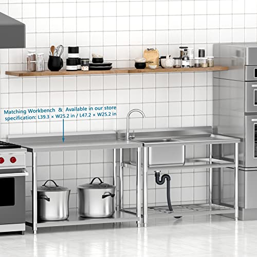 Freestanding Stainless Steel Sink, Commercial Restaurant Sink, Large Single Bowl Sink, Outdoor Sink, Industrial Sink For Restaurant, Cafe, Bar, Hotel, Garage, Laundry Room, W43” × D25.2” × H33.5” #TOP3