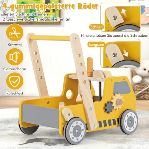 FANTASK Lauflernwagen Holz, 2-in-1 Baby Walker, Lauflernhilfe mit Multi-Aktivitätszentrum & Werkbank, Laufwagen für Kinder ab 1 Jahr Indoor
