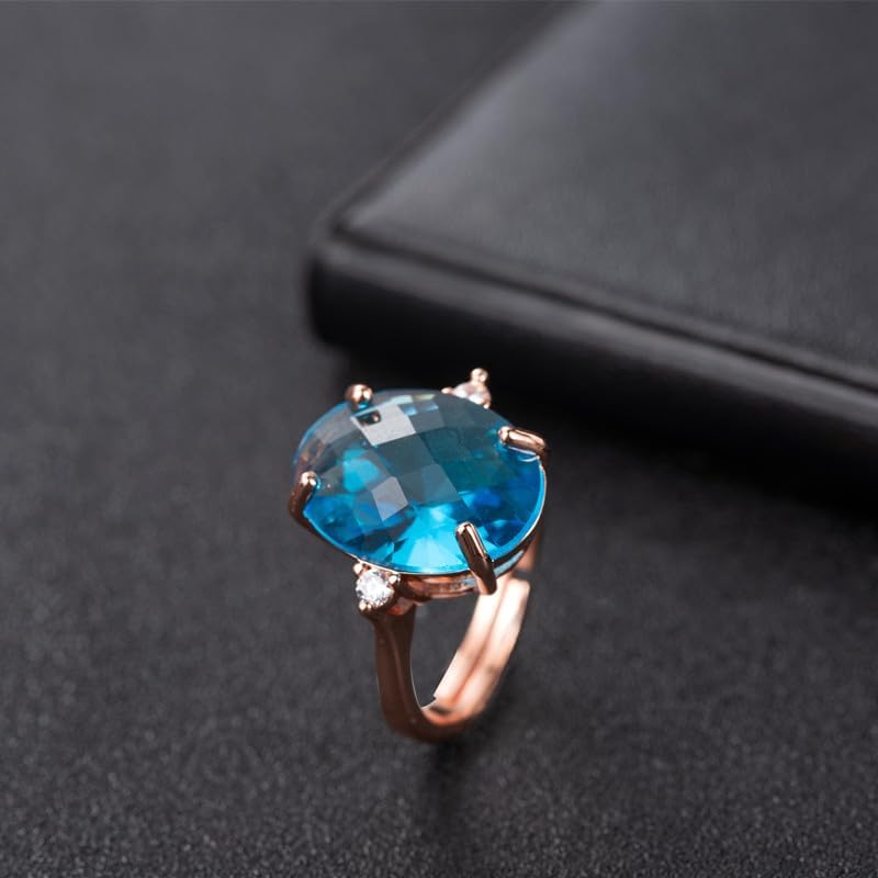 18k Rose Gold Blue Crystal Ring for Women Shiny Rose Gold Set with Diamond Amethyst Gemstone Ring for Fashion and Simplicity Jewelry-Making-Patterns Size 8