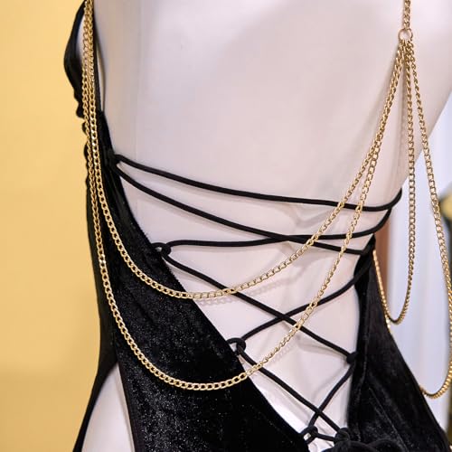 Women Sexy Dress,Halter Hollow Out Backless Sleeveless Fishtail Dress with Gold Chain Decor for Women3