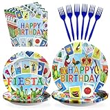 96Pcs Mexican Party Decorations Mexico Card Plates and Napkins Disposable 350GSM Mexican Fiesta Paper Tableware Set for Fiesta Birthday Carnival Cinco De Mayo Taco Party Decorations, Serves 24
