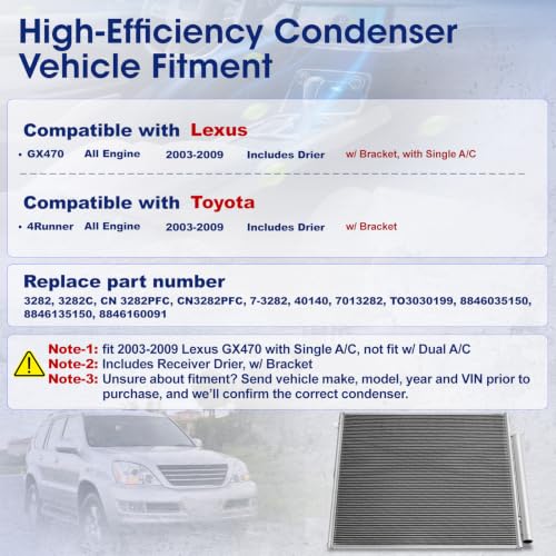 Image of Air Conditioning A /C Condenser Compatible with Toyota 4Runner Lexus GX470 2003-2009 4.0L 4.7L # 3282, 8846035150, 8846135150