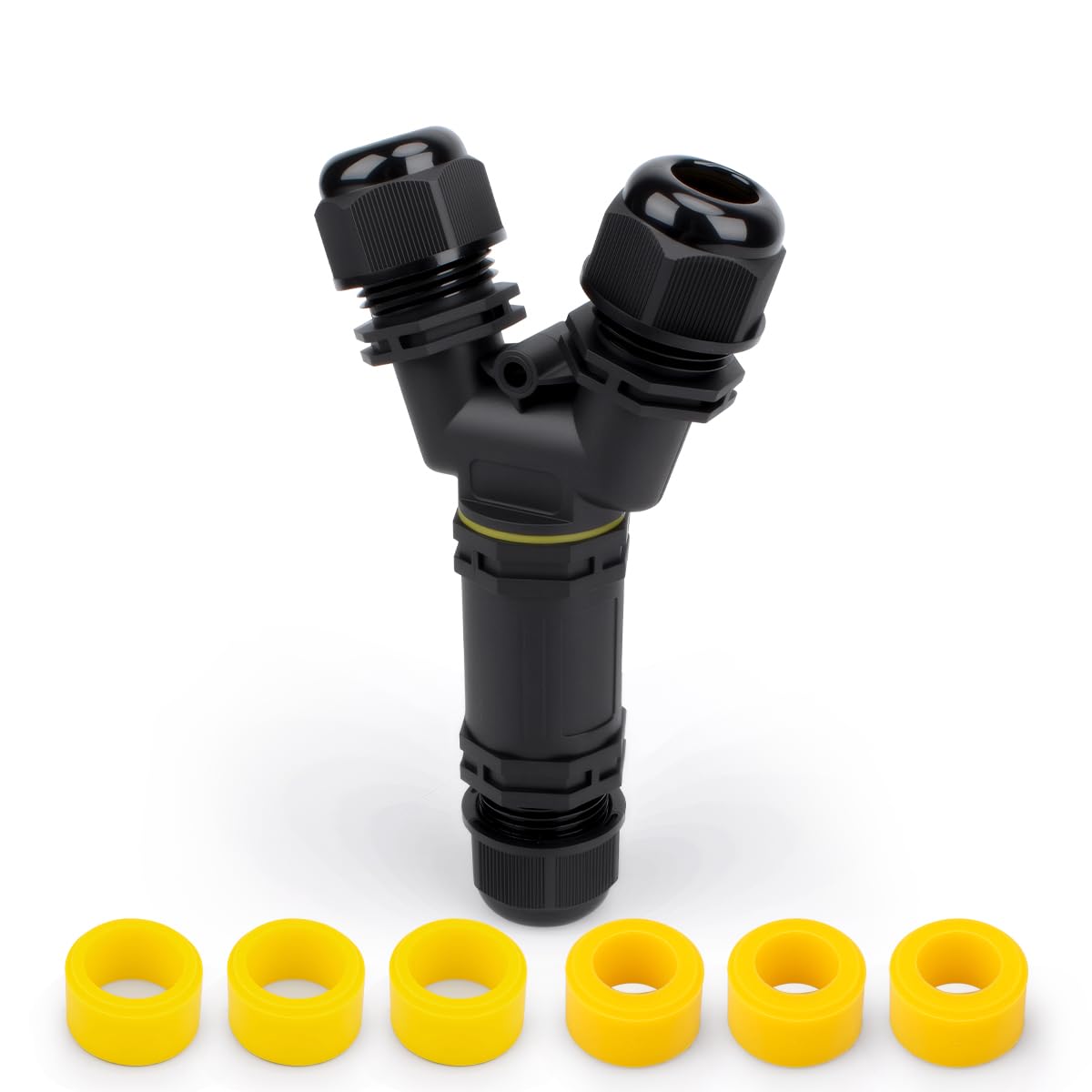 Innfeeltech 1 Pcs Y Type Waterproof Junction Box Outdoor Cable Connector, M25 Cable Coupler Screw Crimping, 2 Pole for 5 to 8mm Cable, with 6 Pcs Replaceable Wire Clamp Rubber Plug