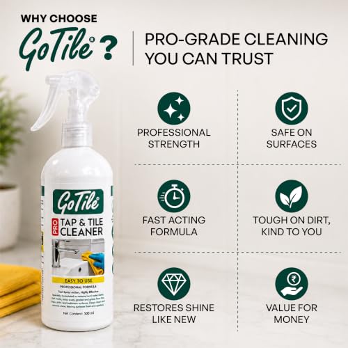 Image of GoTile Pro Tap & Tile Cleaner Spray 500 ml | Hard Water Stain & Limescale Remover | Bathroom Cleaner for Taps, Faucets, Showerheads, Tiles, Grout, Sinks & Bathtubs | Removes Soap Scum