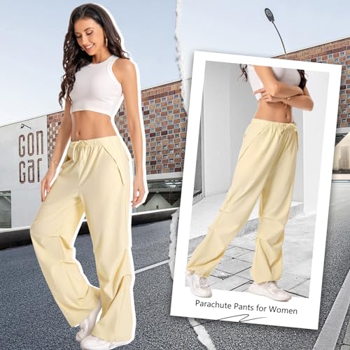 Parachute Pants for Woman Baggy Cargo Pants Drawstring Elastic Waist Y2K Causal Trousers with 4 Pockets3