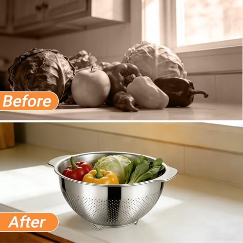 Image of Colanders & Food Strainers,Stainless Steel Colander,1 Pcs Kitchen Strainers(5QT),2mm Micropore Strainer for Pasta, Rice, Vegetables,Dishwasher Safe Metal Colander with Handles,Kitchen Gift