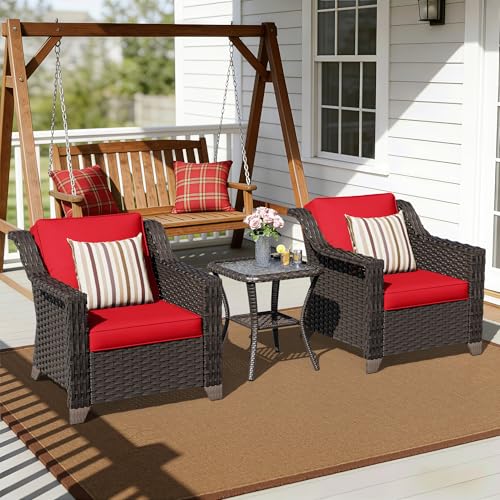 Image of 3 Piece Patio Furniture Set, Wicker Outdoor Conversation Set | Patio Chair Set with Olefin Removable Cushion, All-Weather Armchair Set with Deep Seat for Porch, Deck and Backyard, Red